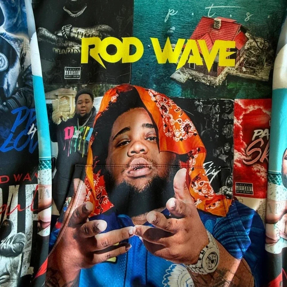 Rod Wave‎ All Over Print Collage Hoodie Mens Small Multi Color Hip Hop Rap Merch